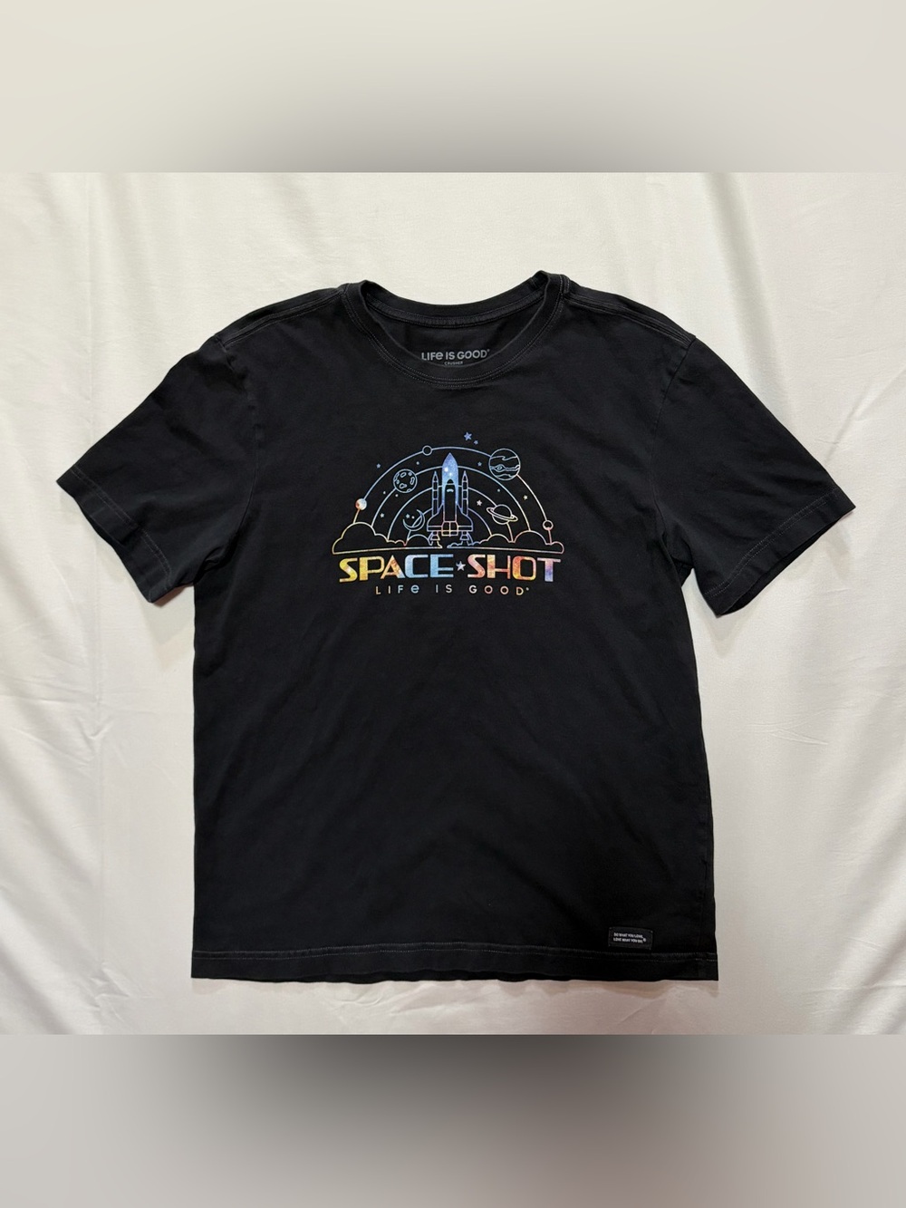 Life is Good Crusher Mens Small "Space Shot" Rocket Graphic T-Shirt 100% Cotton